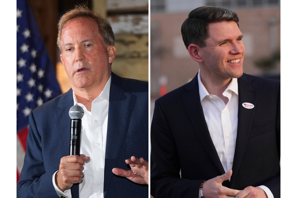 At left, Texas Attorney General Ken Paxton speaks in McKinney, Texas, May 19, 2026, and at right, Texas state Rep. James Talarico, after voting, in Austin, Texas, Feb. 17, 2026. (AP Photo/LM Otero and Eric Gay)