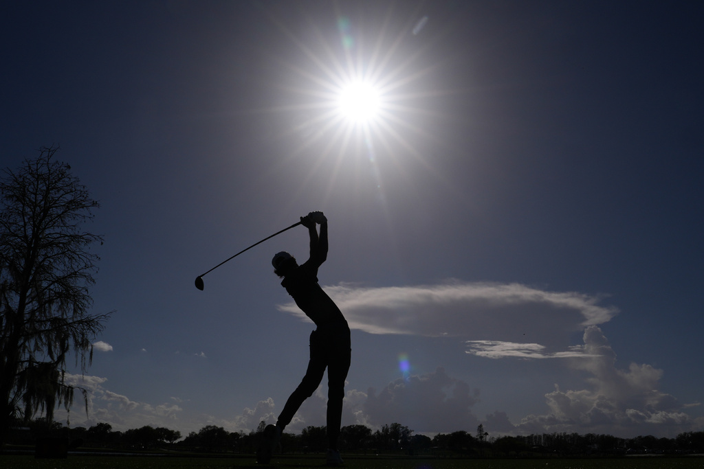 Akshay Bhatia hits on the sixth hole during the third round of the Arnold Palmer Invitational at Bay Hill golf tournament Saturday, March 7, 2026, in Orlando, Fla. (AP Photo/Matt Slocum)
