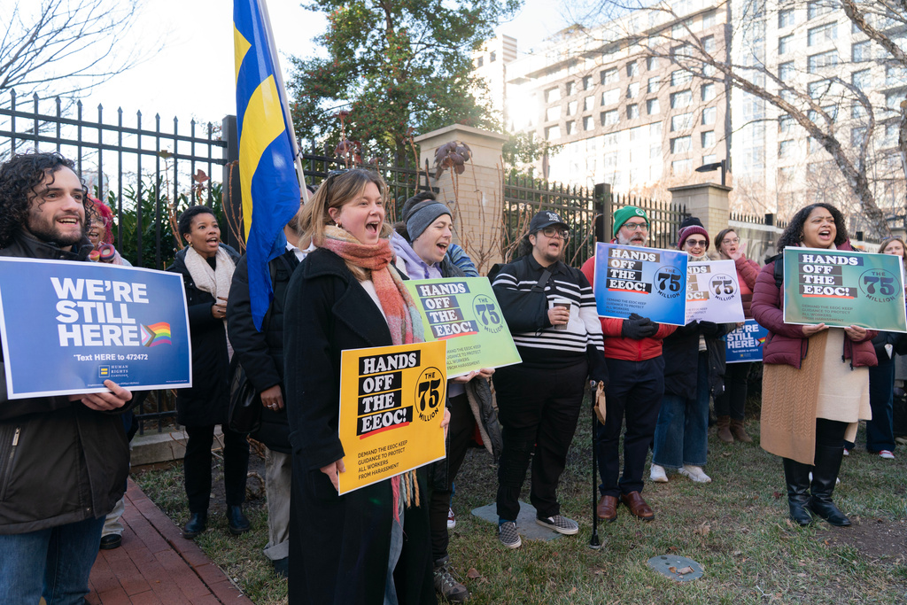 Members of the 75 Million coalition rally outside of the Equal Employment Opportunity Commission (EEOC) agency's headquarters Thursday, Jan. 22, 2026, in Washington. (AP Photo/Jose Luis Magana)