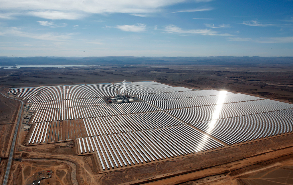 FILE - An aerial view of a solar power plant in Ouarzazate, central Morocco on Feb.4, 2016. (AP Photo/Abdeljalil Bounhar, File)