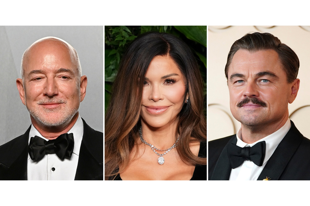 Jeff Bezos appears at the Vanity Fair Oscar Party in Los Angeles on March 15, 2026, left, Lauren Sanchez Bezos appears at Chanel's 16th Annual Pre-Oscar Awards Dinner in Beverly Hills, Calif., on March 1, 2025, center, and Leonardo DiCaprio appears at the Oscars in Los Angeles on March 15, 2026. (AP Photo)