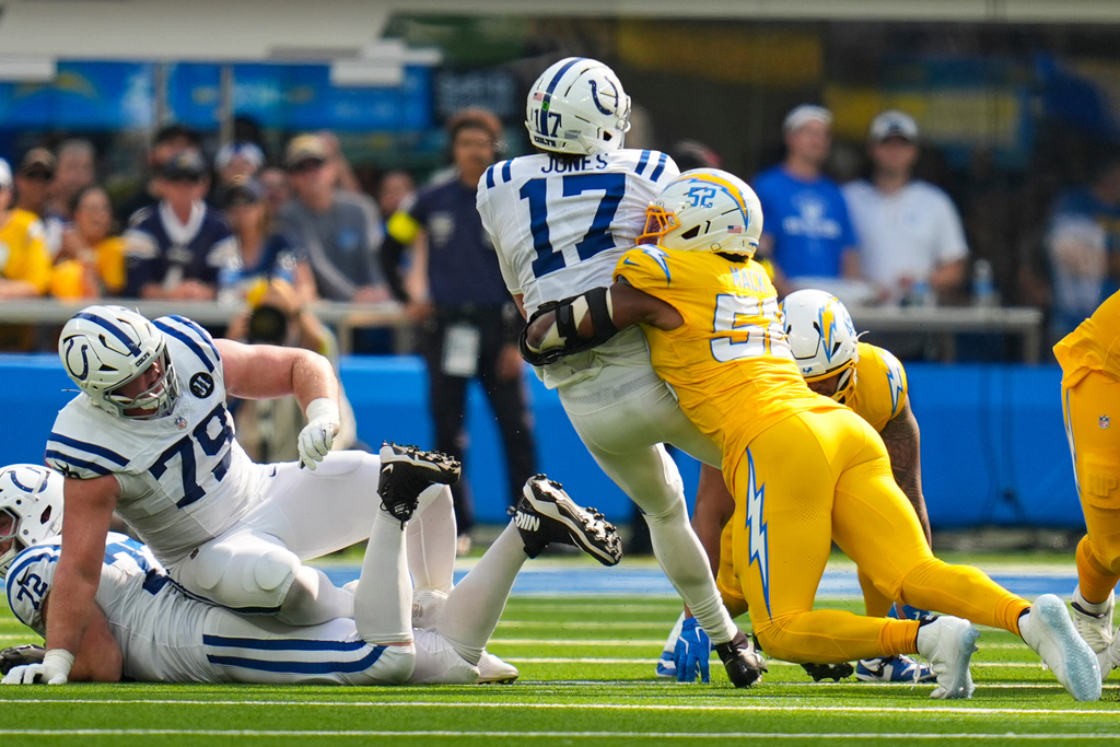 Indianapolis Colts quarterback Daniel Jones (17) is sacked by Los Angeles Chargers linebacker Khalil Mack (52) during the first half of an NFL football game Sunday, Oct. 19, 2025, in Inglewood, Calif. (AP Photo/Gregory Bull)