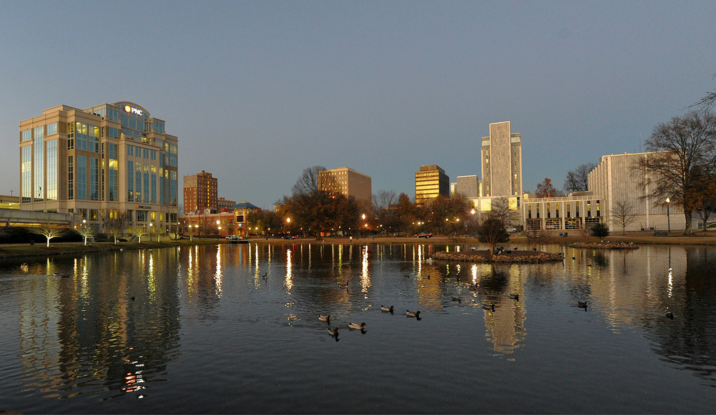 FILE - This undated photo shows a dusk view of downtown Huntsville Skyline at Big Spring International Park, Ala. (Bob Gathany/The Huntsville Times via AP, File)