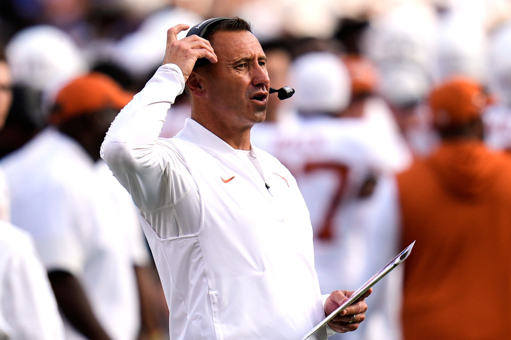 Texas head coach Steve Sarkisian paces the sideline during the second half of an NCAA college football game against Florida, Saturday, Oct. 4, 2025, in Gainesville, Fla. (AP Photo/John Raoux)