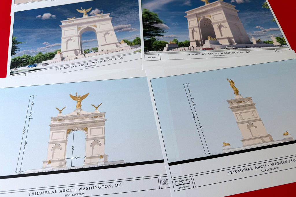 Artist renderings and diagrams for President Donald Trump's new triumphal arch released by the U.S. Commission of Fine Arts that is planned to be built in Washington between the Lincoln Memorial and Arlington National Cemetery, are photographed Friday, April 10, 2026. (AP Photo/Jon Elswick)