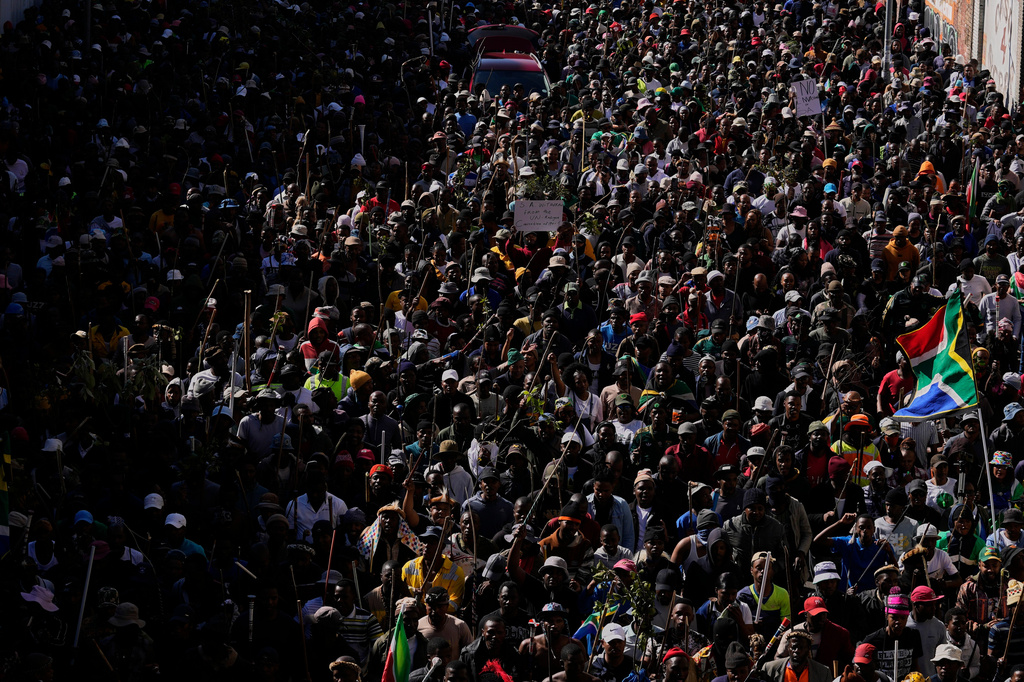 FILE - Protesters march against illegal immigration, in Johannesburg, South Africa, on June 30, 2026. (AP Photo/Themba Hadebe, file)