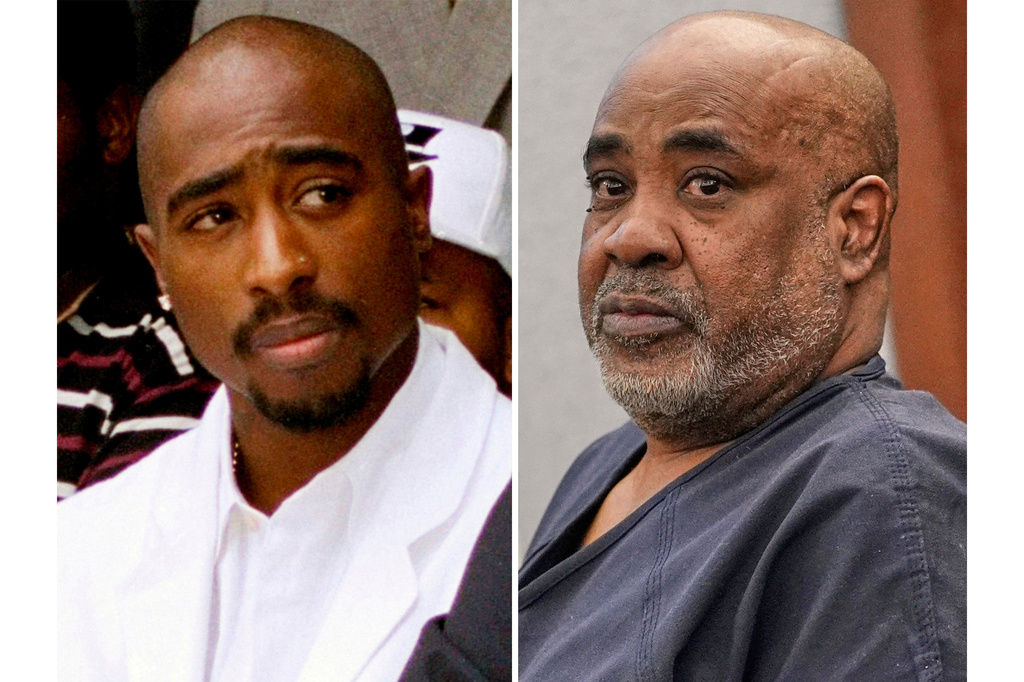 Rapper Tupac Shakur attends a voter registration event in South Central Los Angeles on Aug. 15, 1996, left, and Duane "Keffe D" Davis appears in District Court for his involvement in the 1996 killing of Shakur in Las Vegas on Feb. 18, 2025. (AP Photo)