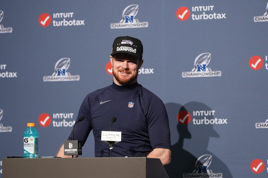Seattle Seahawks quarterback Sam Darnold speaks during a news conference after the NFC Championship NFL football game against the Los Angeles Rams, Sunday, Jan. 25, 2026, in Seattle. (AP Photo/Lindsey Wasson)