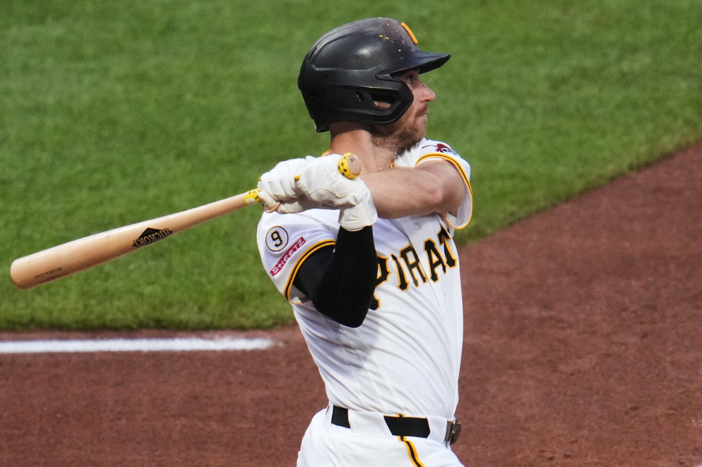 Pittsburgh Pirates' Brandon Lowe watches his two-run home run off Los Angeles Dodgers pitcher Justin Wrobleski during the fifth inning of a baseball game in Pittsburgh, Thursday, June 11, 2026. (AP Photo/Gene J. Puskar)