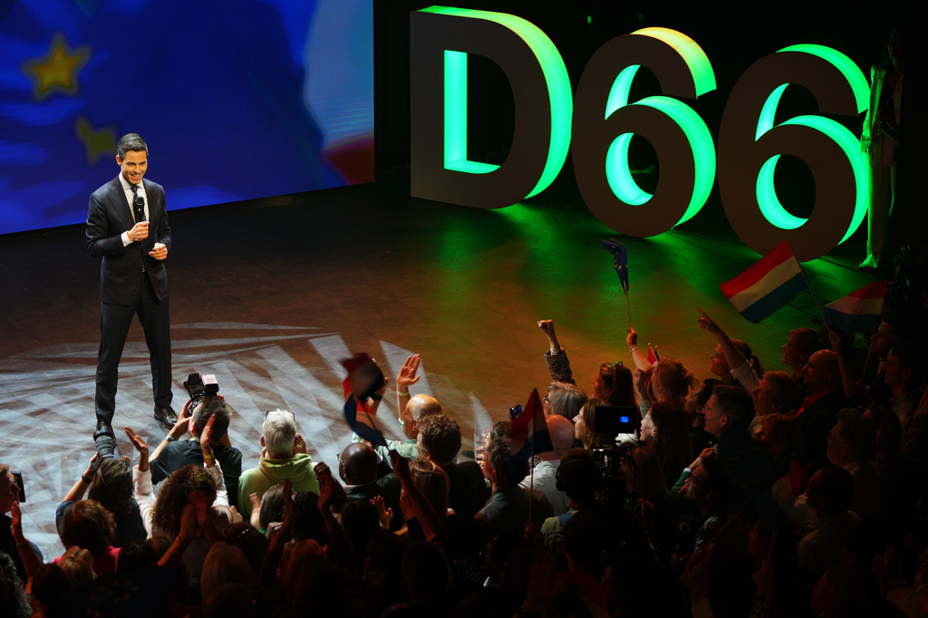 FILE - Rob Jetten, leader of the center-left D66 party, speaks on stage during exit poll results an election venue during a general election in Leiden, Netherlands, Wednesday, Oct. 29, 2025. (AP Photo/Peter Dejong, file)