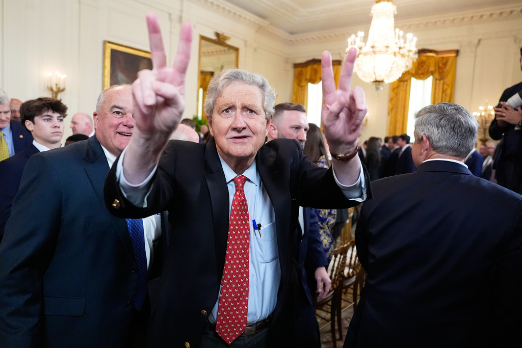 Sen. John Kennedy, R-La., departs after an event with President Donald Trump to welcome the 2025 LSU and LSU-Shreveport national champion baseball teams in the East Room of the White House, Monday, Oct. 20, 2025, in Washington. (AP Photo/Alex Brandon)