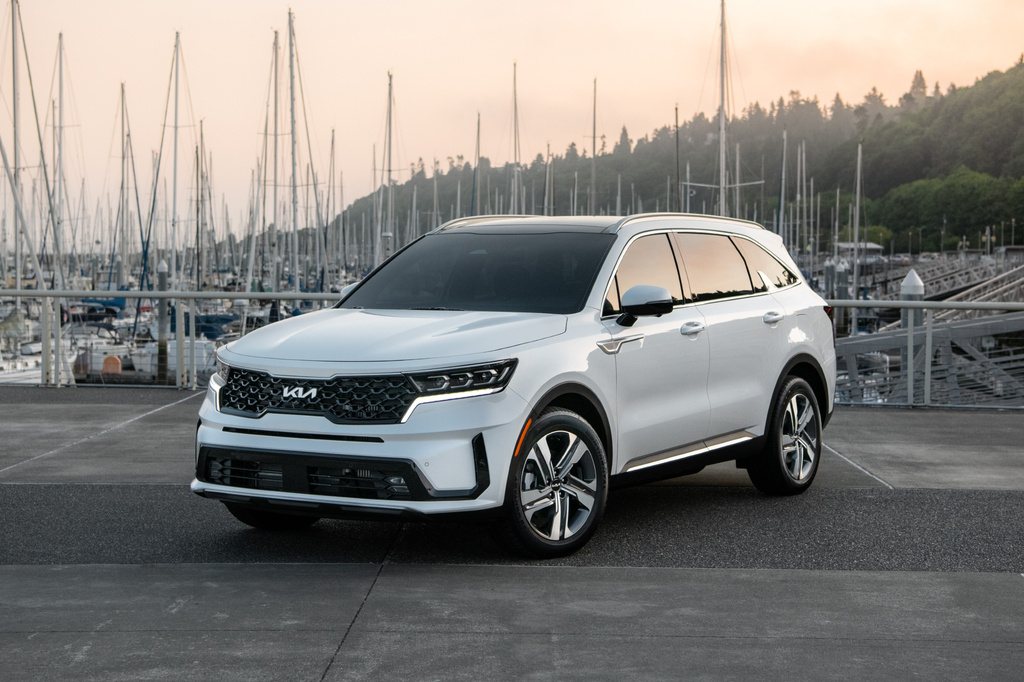 This photo provided by Kia shows a 2024 Sorento Plug-in Hybrid. The Kia Sorento Plug-in Hybrid is a comfortable and versatile three-row SUV that gets great mpg thanks to its 30-plus miles of electric range. (Courtesy of Kia America via AP)