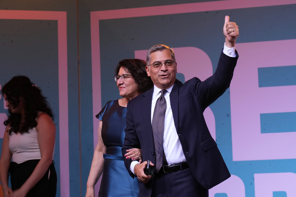 California gubernatorial candidate Xavier Becerra motions during an election night event Tuesday, June 2, 2026, in Los Angeles. (AP Photo/Jae C. Hong)