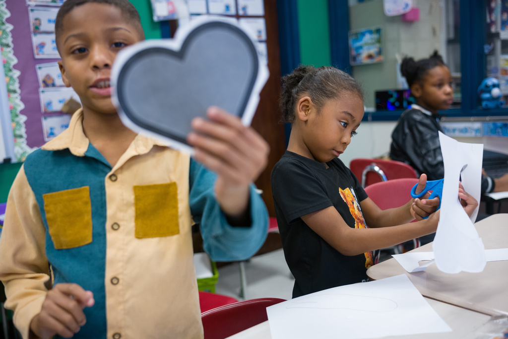 Students make toys out of paper and pillow stuffing for their MicroSociety venture at Clairton Education Center in Clairton, Pa., on Thursday, Jan. 22, 2026. (Quinn Glabicki/Pittsburgh's Public Source via AP)