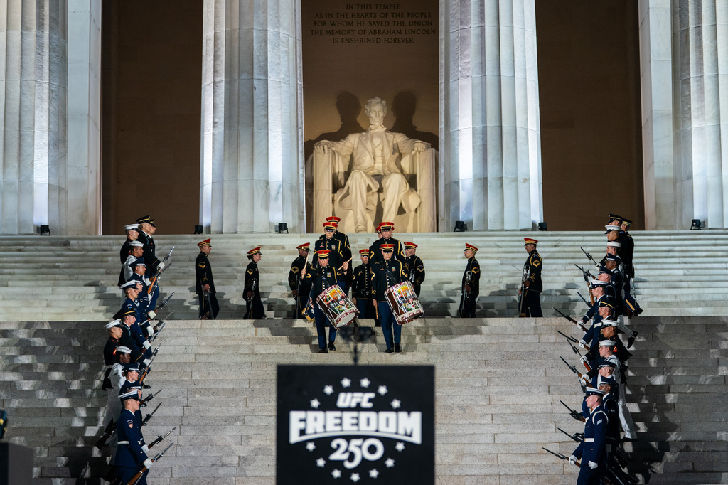 The UFC holds a news conference at the Lincoln Memorial, ahead of Sunday's fight on the South Lawn of the White House, Friday, June 12, 2026, in Washington. (AP Photo/Allison Robbert)