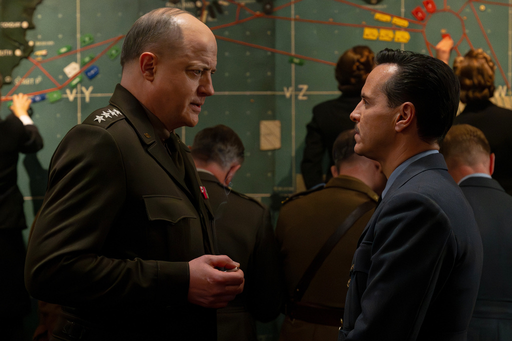 This image released by Focus Features shows Brendan Fraser, left, and Andrew Scott in a scene from "Pressure." (Focus Features via AP)