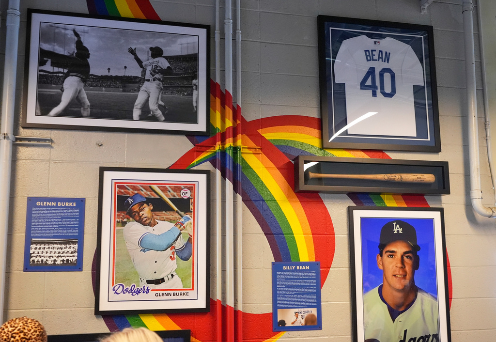 A tribute to LGBTQ+ trailblazers and former Los Angeles Dodgers players Billy Bean and Glenn Burke, who were among the first professional athletes to identify as gay, is viewed following an unveiling Friday, June 5, 2026, in Los Angeles. (AP Photo/Mark J. Terrill)