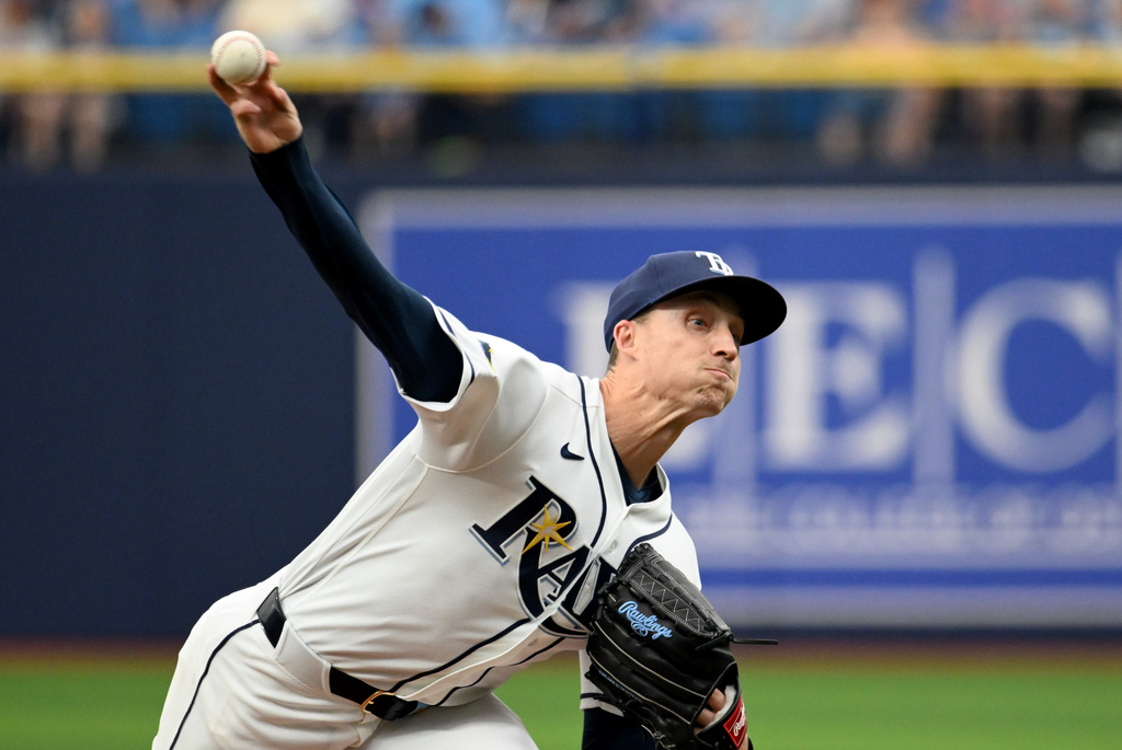 Tampa Bay Rays pitcher Griffin Jax throws during the first inning of a baseball game against the Minnesota Twins Sunday, April 26, 2026, in St. Petersburg, Fla. (AP Photo/Jason Behnken)