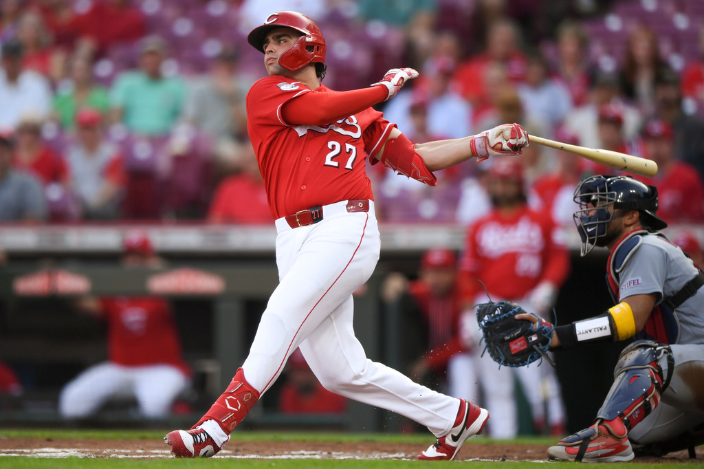 Cincinnati Reds' Sal Stewart watches his single during the first inning of the second game of a baseball doubleheader against the St. Louis Cardinals, Monday, Aug. 17, 2026, in Cincinnati. (AP Photo/Tanner Pearson)