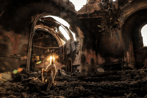 In this photo taken on Oct.13, 2025 and provided by Ukraine's 24th Mechanized Brigade press service, a cat walks inside the damaged church in Kostiantynivka, a frontline town where some 5000 people still stay with no water, electricity and gas supply in the site of heaviest battles with the Russian troops in the Donetsk region, Ukraine. (Oleg Petrasiuk/Ukraine's 24th Mechanized Brigade via AP) In this photo taken on Oct.13, 2025 and provided by Ukraine's 24th Mechanized Brigade press service, a cat walks inside the damaged church in Kostiantynivka, a frontline town where some 5000 people still stay with no water, electricity and gas supply in the site of heaviest battles with the Russian troops in the Donetsk region, Ukraine. (Oleg Petrasiuk/Ukraine's 24th Mechanized Brigade via AP)