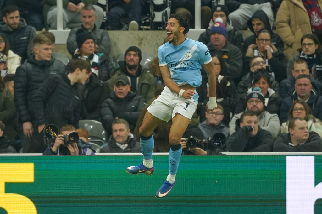 Manchester City's Omar Marmoush celebrates after scoring during the fifth round FA Cup soccer match between Newcastle and Manchester City in Newcastle, England, Saturday, March 7, 2026. (AP Photo/Ian Hodgson)