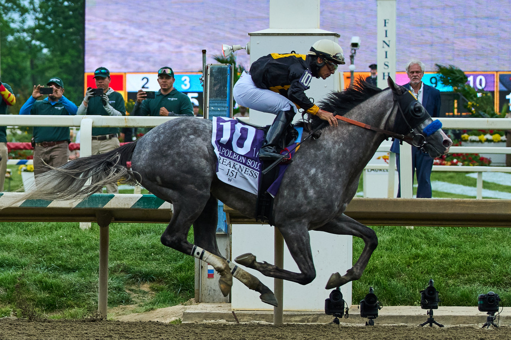Paco Lopez, atop Napoleon Solo, wins the 151st running of the Preakness Stakes horse race, Friday, May 15, 2026, at Laurel Park in Laurel, Md. (AP Photo/Stephanie Scarbrough)