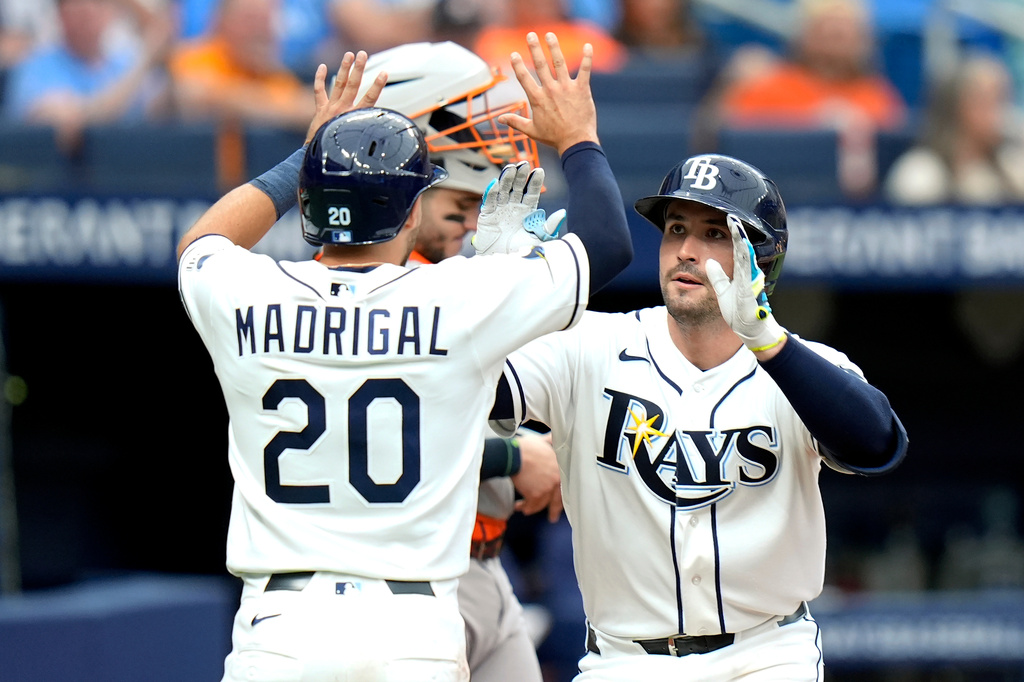 Tampa Bay Rays' Nick Fortes celebrates his two-run home run off Houston Astros pitcher Ronel Blanco with Nick Madrigal (20) during the fifth inning of a baseball game Sunday, Sept. 13, 2026, in St. Petersburg, Fla. (AP Photo/Chris O'Meara)