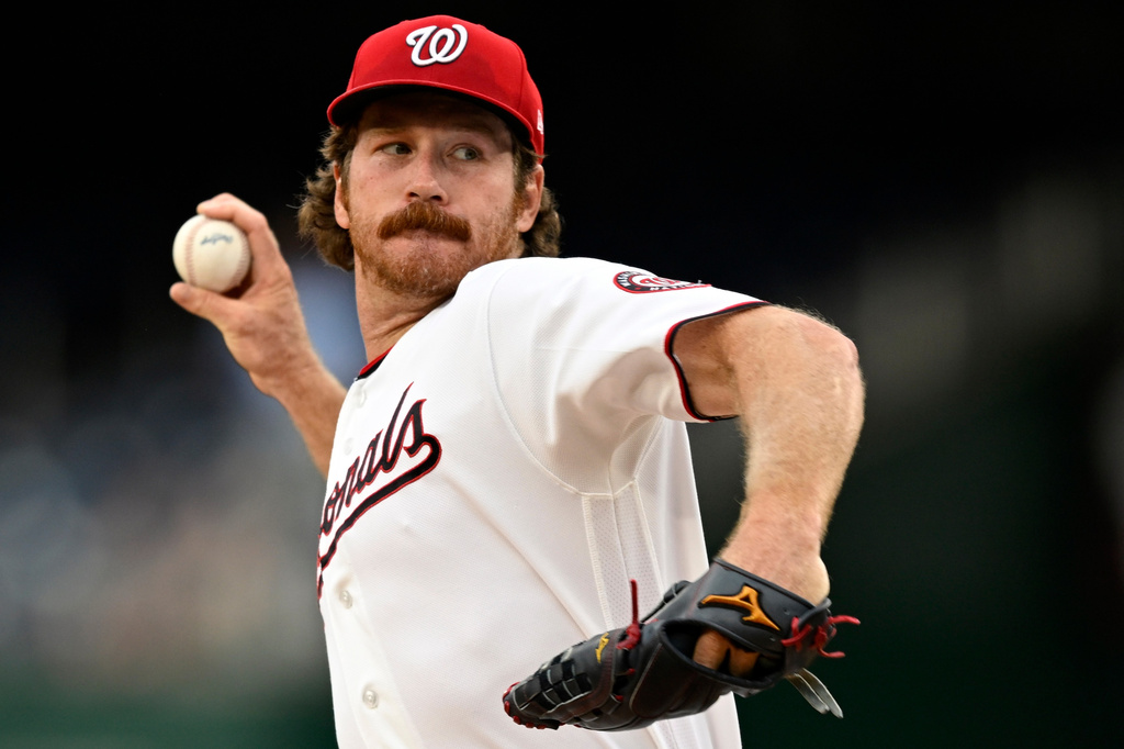Washington Nationals staring pitcher Miles Mikolas throws during the first inning of a baseball game against the Houston Astros, Monday, July 6, 2026, in Washington. (AP Photo/John McDonnell)