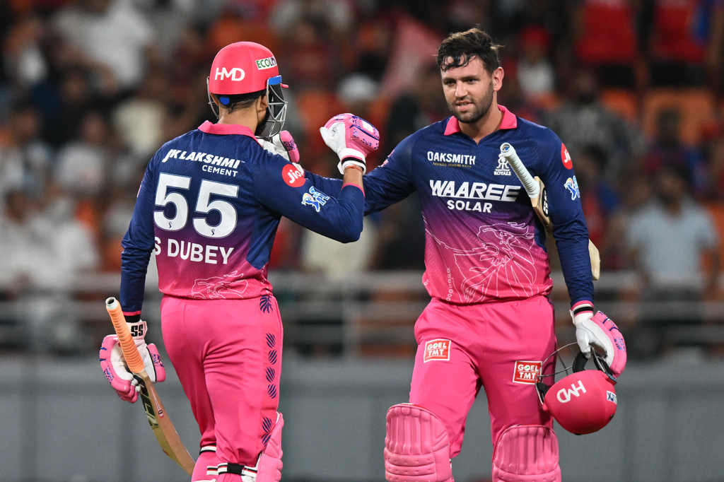 Rajasthan Royals' Donovan Ferreira, right, and Rajasthan Royals' Shubham Dubey celebrates after they won the Indian Premier League cricket match against Punjab Kings in New Chandigarh, India, Tuesday, April 28, 2026.(AP Photo)