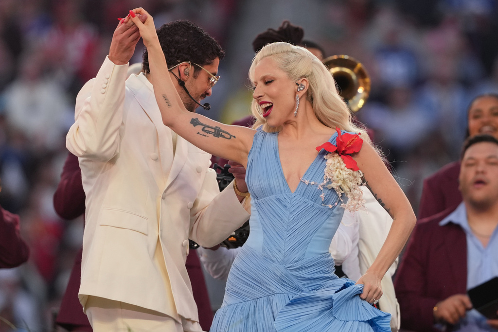 Bad Bunny and Lady Gaga perform during halftime of the NFL Super Bowl 60 football game between the New England Patriots and the Seattle Seahawks, Sunday, Feb. 8, 2026, in Santa Clara, Calif. (AP Photo/Matt Slocum)