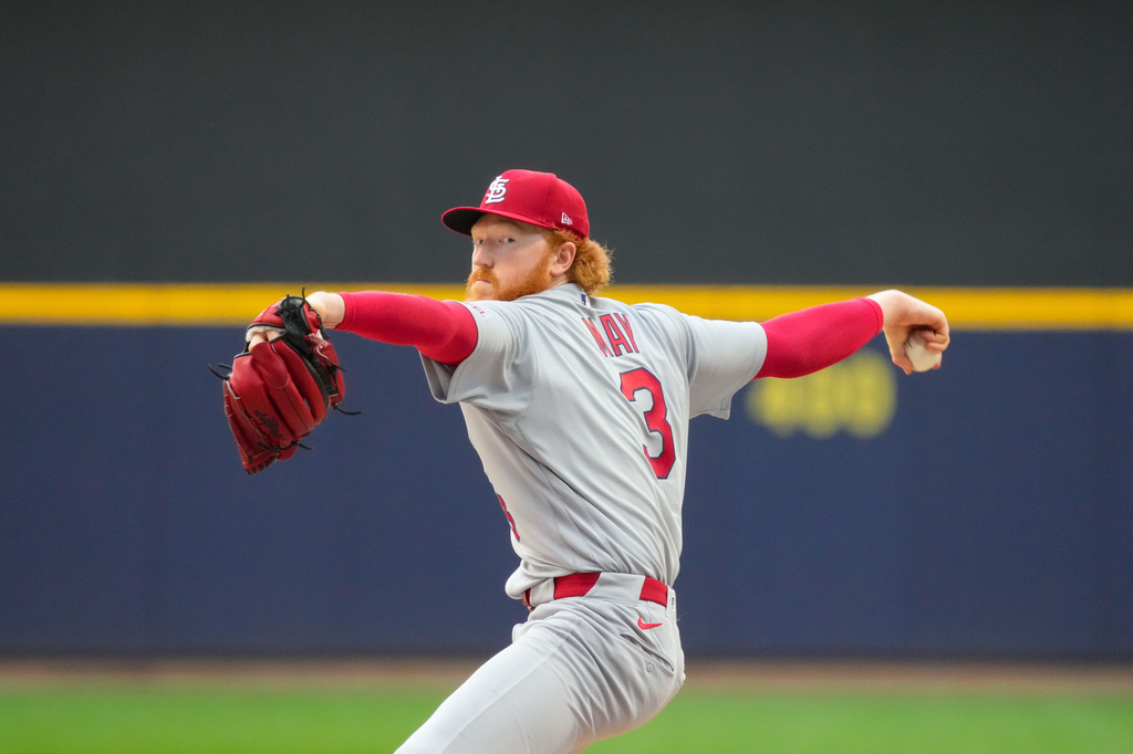 St. Louis Cardinals pitcher Dustin May throws during the sixth inning of a baseball game against the Milwaukee Brewers, Wednesday, May 27, 2026, in Milwaukee. (AP Photo/Kayla Wolf)