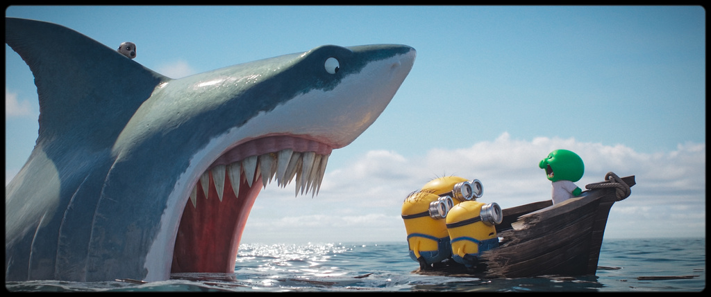 This image released by Universal Pictures shows minions with the alien character Goomi, voiced by Trey Parker, right, in a scene from Illumination's "Minions & Monsters." (Universal Pictures via AP)