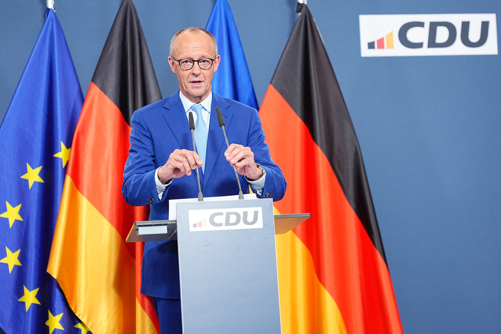 Chancellor Friedrich Merz (CDU) speaks at the Konrad Adenauer House following the elections in Berlin and Mecklenburg-Western Pomerania, in Berlin, Sunday, Sept. 20, 2026. (Michael Kappeler/dpa via AP)