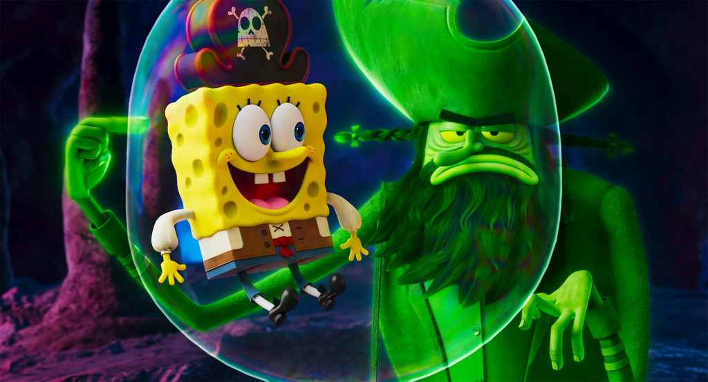 This image released by Paramount Animation and Nickelodeon shows the characters and SpongeBob SquarePants, voiced by Tom Kenny, left, and Flying Dutchman, voiced by Mark Hamill, in a scene from "The SpongeBob Movie: Search For SquarePants." (Paramount Animation and Nickelodeon via AP)