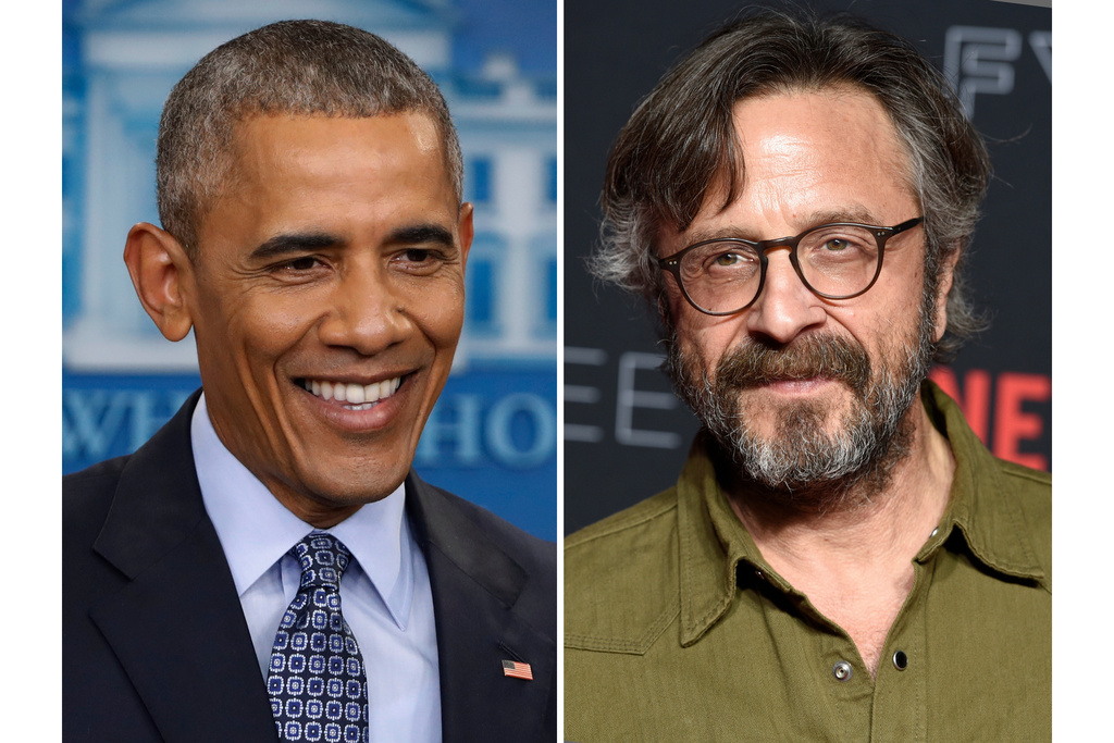 President Barack Obama appears during his final presidential news conference at the White House in Washington on Jan. 18, 2017, left, and Marc Maron appears at a promotional event for his series "Glow" in Los Angeles on May 30, 2018. (AP Photo/Pablo Martinez Monsivais, left, and Chris Pizzello/Invision/AP)