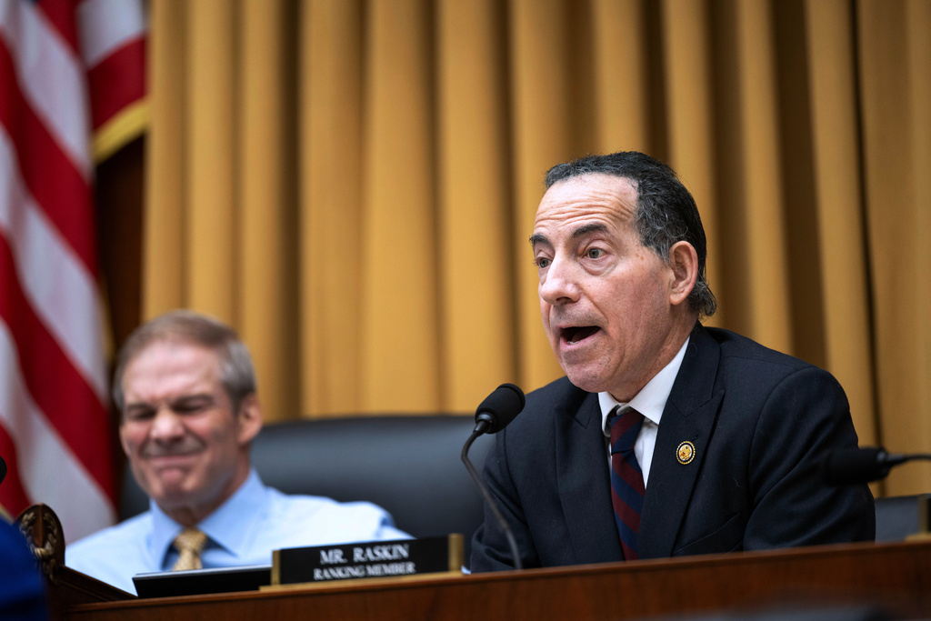 Ranking member Rep. Jamie Raskin, D-Md., questions Homeland Security Secretary Kristi Noem during a House Judiciary Committee hearing on the oversight of the Department of Homeland Security, Wednesday, March 4, 2026 in Washington. (AP Photo/Kevin Wolf)
