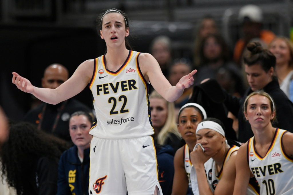 Indiana Fever's Caitlin Clark reacts after being called for a foul during the second half of an WNBA basketball game against the Chicago Sky in Chicago, Saturday, Aug. 8, 2026. (AP Photo/Paul Beaty)