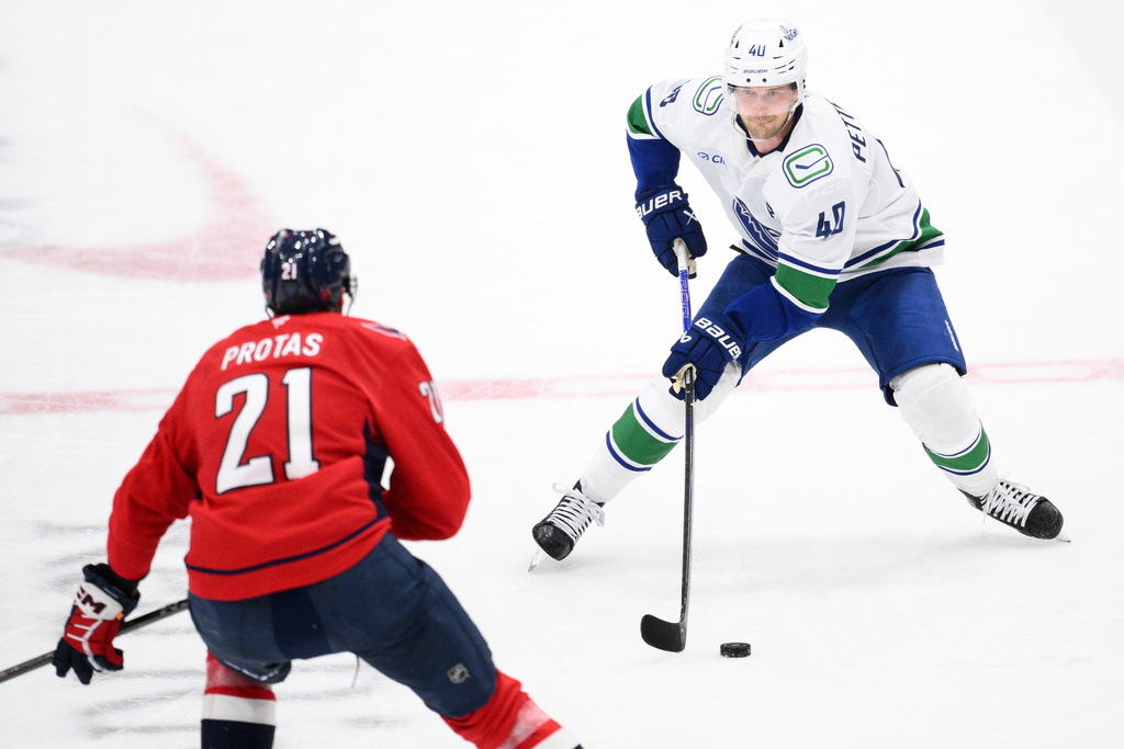Vancouver Canucks center Elias Pettersson (40) skates with the puck against Washington Capitals center Aliaksei Protas (21) during the third period of an NHL hockey game, Sunday, Oct. 19, 2025, in Washington. (AP Photo/Nick Wass)