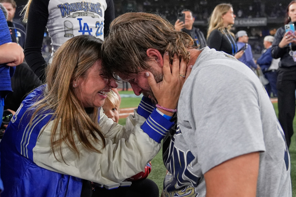 Los Angeles Dodgers pitcher Clayton Kershaw celebrates their win against the Toronto Blue Jays in Game 7 of baseball's World Series, Sunday, Nov. 2, 2025, in Toronto. (AP Photo/Brynn Anderson)