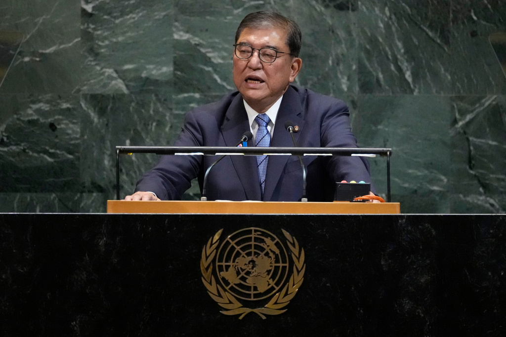Japan's Prime Minister Shigeru Ishiba addresses the 80th session of the United Nations General Assembly, Tuesday, Sept. 23, 2025, at U.N. headquarters. (AP Photo/Pamela Smith)