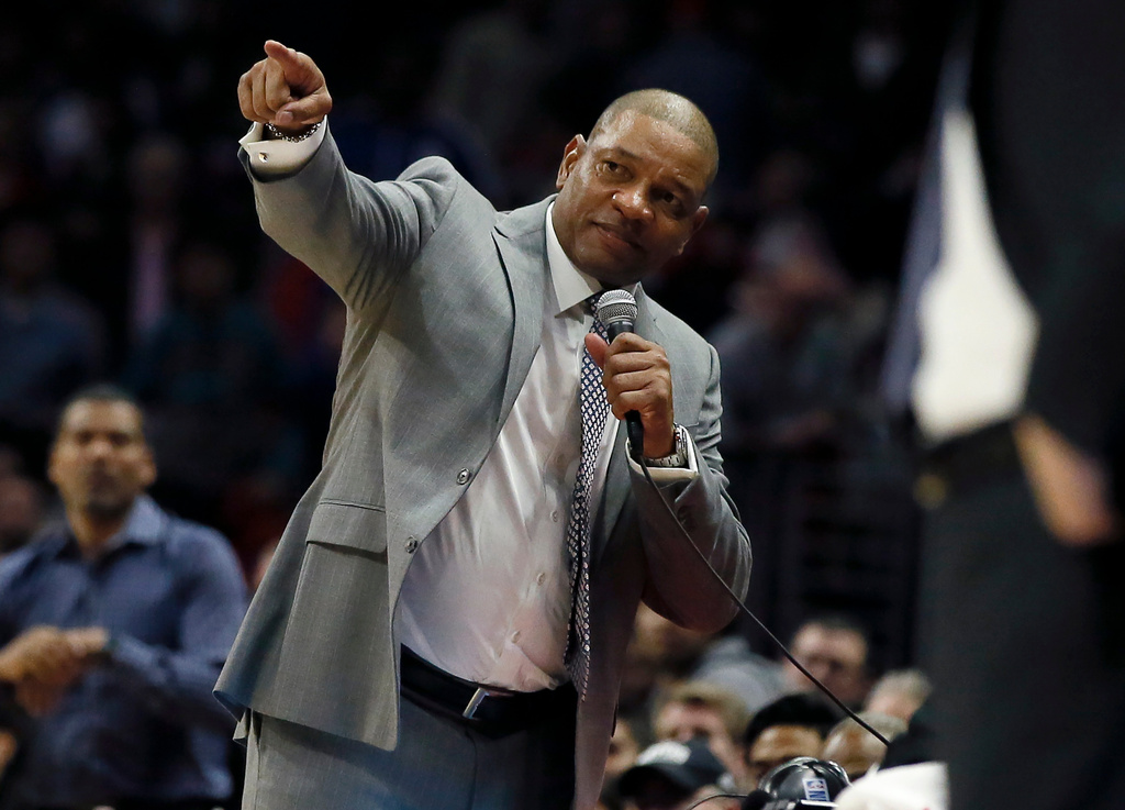 FILE - Los Angeles Clippers head coach Doc Rivers stops the game with 9.4 seconds left during the second half of an NBA basketball game to honor Dallas Mavericks forward Dirk Nowitzki in Los Angeles, Feb. 25, 2019. (AP Photo/Alex Gallardo, File)