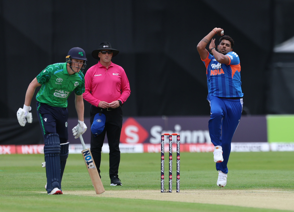 India's Arshdeep Singh bowling during the second T20 Test match between Ireland and India in Belfast, Ireland, Sunday, June 28, 2026. (Liam McBurney/PA via AP)