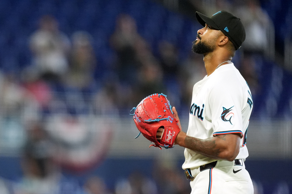 Miami Marlins starting pitcher Sandy Alcantara reacts cooly after pitching a complete game shut out baseball game against the Chicago White Sox, Wednesday, April 1, 2026, in Miami. (AP Photo/Rebecca Blackwell)