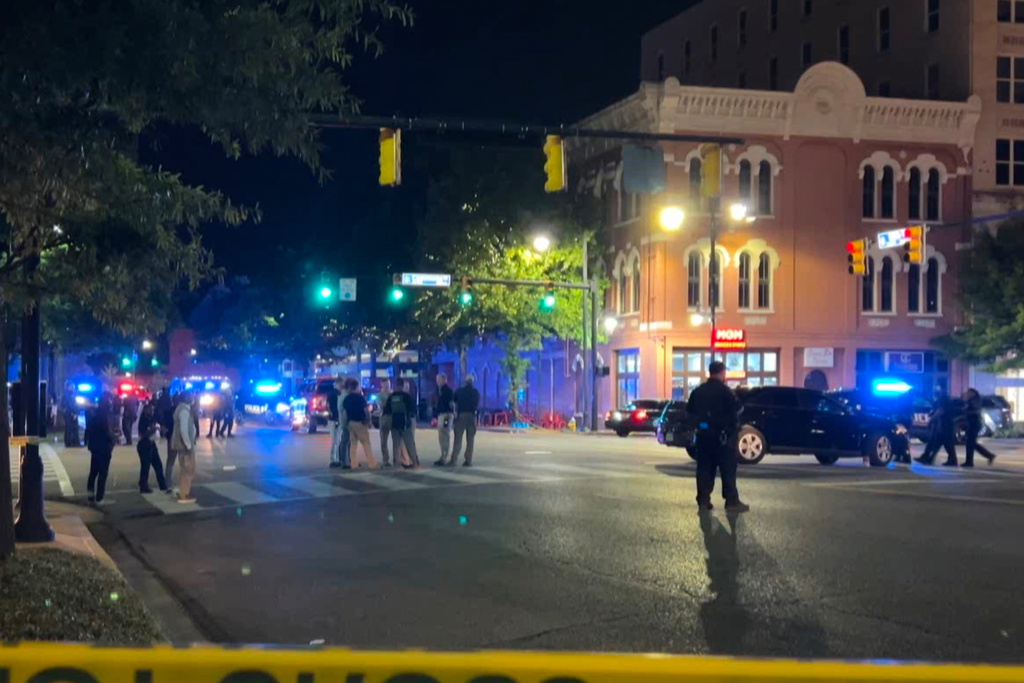 This image taken from video provided by WSFA shows the scene after a shooting earlier Saturday in downtown Montgomery, Ala., Sunday, Oct. 5, 2025. (WSFA via AP)