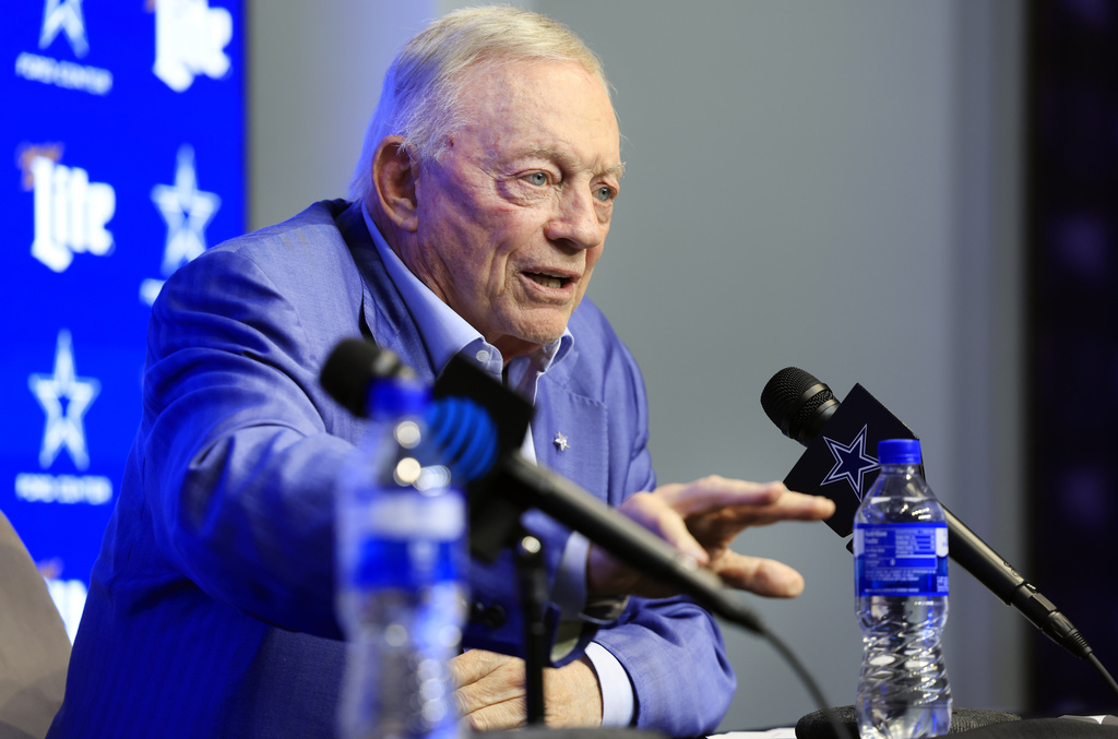 Dallas Cowboys owner Jerry Jones responds a reporter's question during a press conference at The Star in Frisco, Texas, Thursday, Aug. 28, 2025. (Tom Fox/The Dallas Morning News via AP)