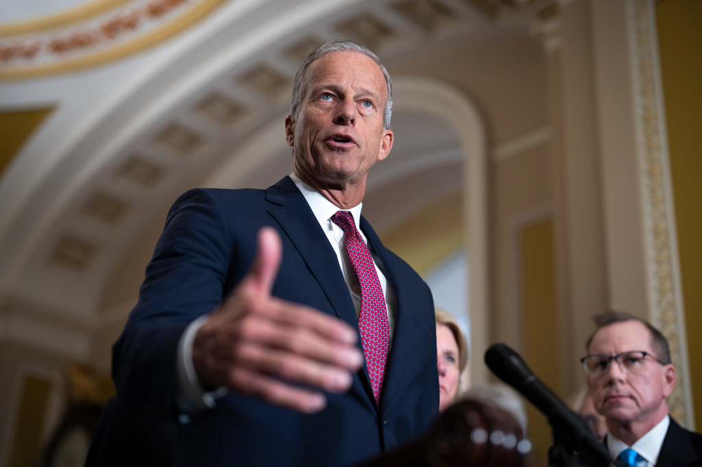 Senate Majority Leader John Thune, R-S.D., speaks to reporters at the Capitol in Washington, Tuesday, April 14, 2026. (AP Photo/J. Scott Applewhite)