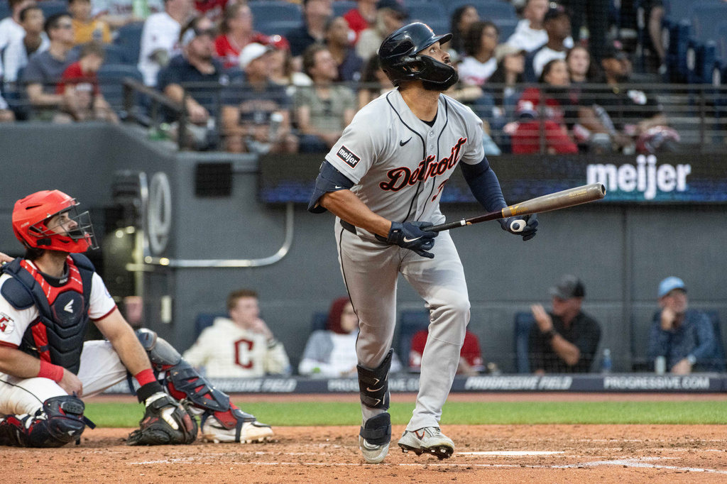 Detroit Tigers' Riley Greene watches his solo home run off Cleveland Guardians starting pitcher Parker Messick as catcher Austin Hedges looks on during the sixth inning of a baseball game, Saturday, Sept. 5, 2026, in Cleveland. (AP Photo/Phil Long)