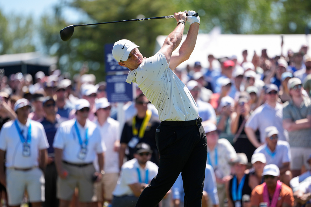 Rory McIlroy, of Northern Ireland, hits from the 16th tee during the third round of the PGA Championship golf tournament at Aronimink Golf Club, Saturday, May 16, 2026, in Newtown Square, PA. (AP Photo/Frank Franklin II)