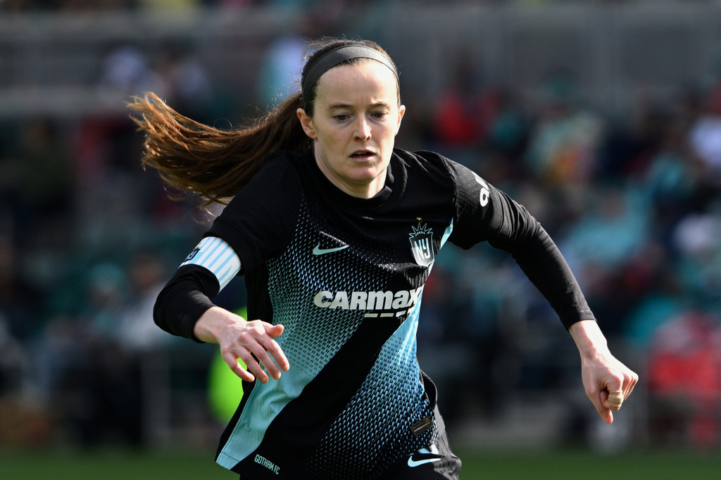 FILE - Gotham FC midfielder Rose Lavelle plays in an NWSL soccer match against the Kansas City Current, April 4, 2026, in Kansas City, Mo. (AP Photo/Reed Hoffmann, File)