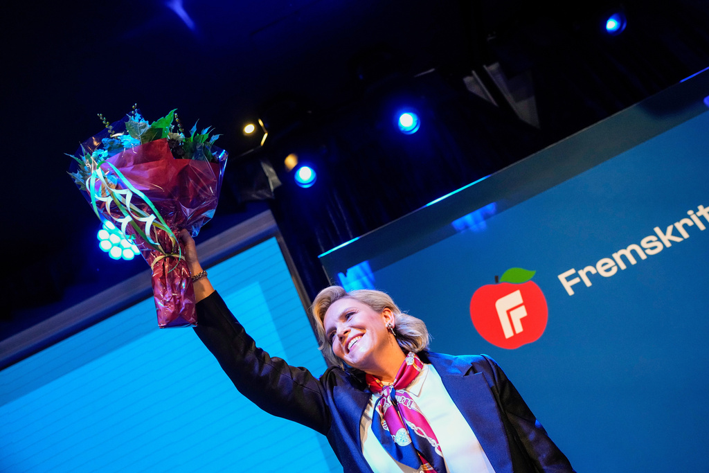 Sylvi Listhaug at The Progress Party's election vigil at Hotel Bristol during the 2025 general election in Oslo, Norway, Monday, Sept. 2025. (Cornelius Poppe/NTB Scanpix via AP)